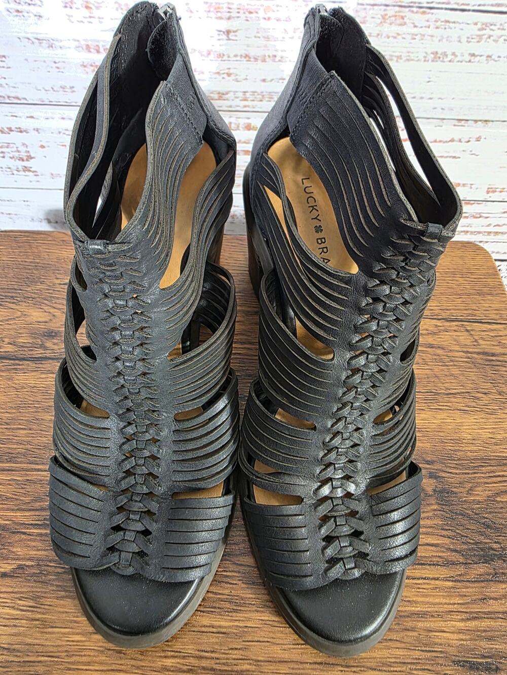Lucky Brand Womens Gladiator Sandals Black Cutout Braided Heel shoes size 10